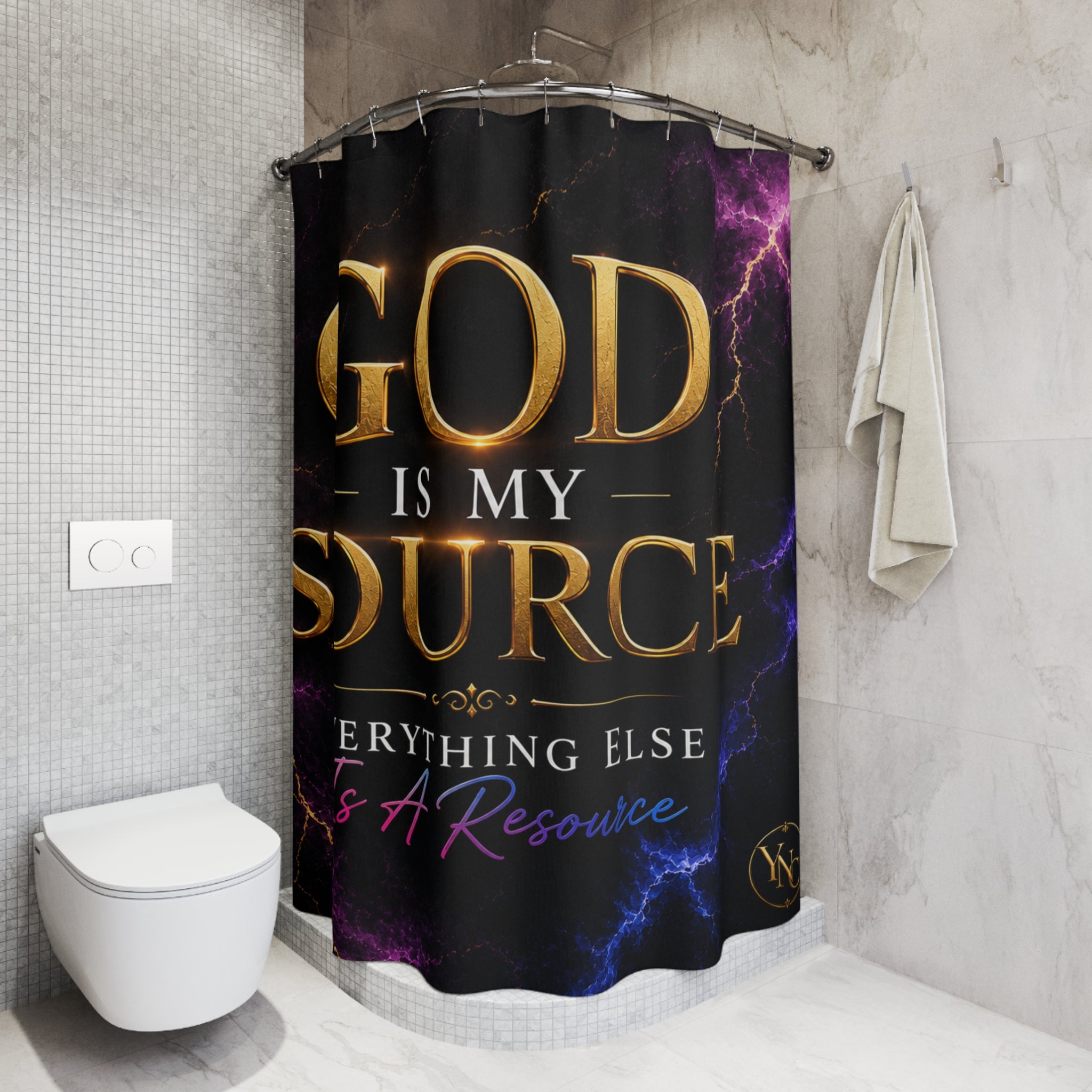 God Is My Source Shower Curtain | Inspirational Religious Quote, Lightning Design