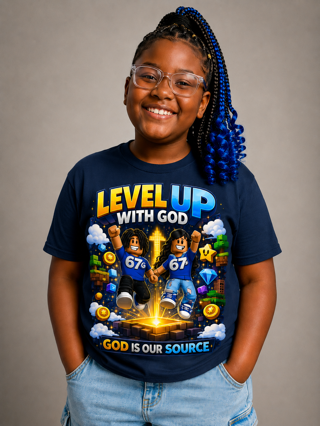 Level Up With God™ Kids Personalized Christian T-Shirt | Upload Your Own Avatar | Faith-Based Custom Tee
