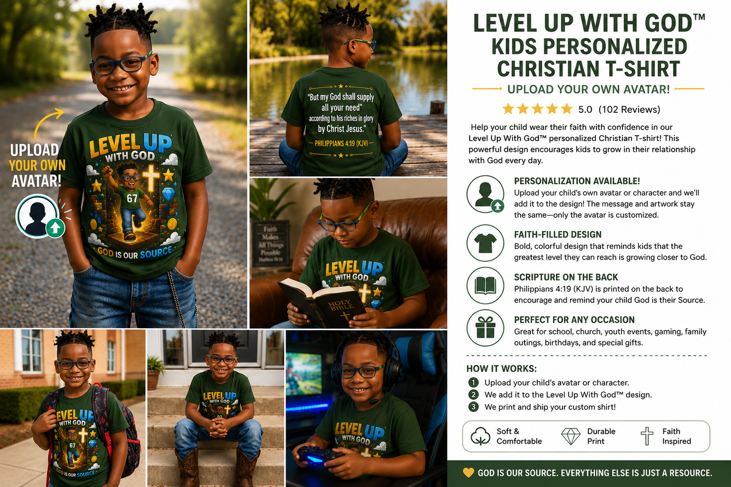 Level Up With God™ Kids Personalized Christian T-Shirt | Upload Your Own Avatar | Faith-Based Custom Tee