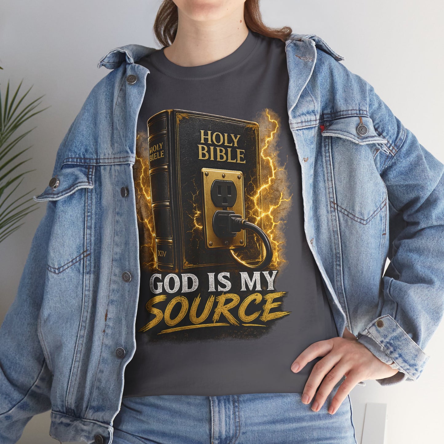 God Is My Source T-Shirt | Holy Bible Power Outlet Christian Tee | Unisex Heavy Cotton Tee