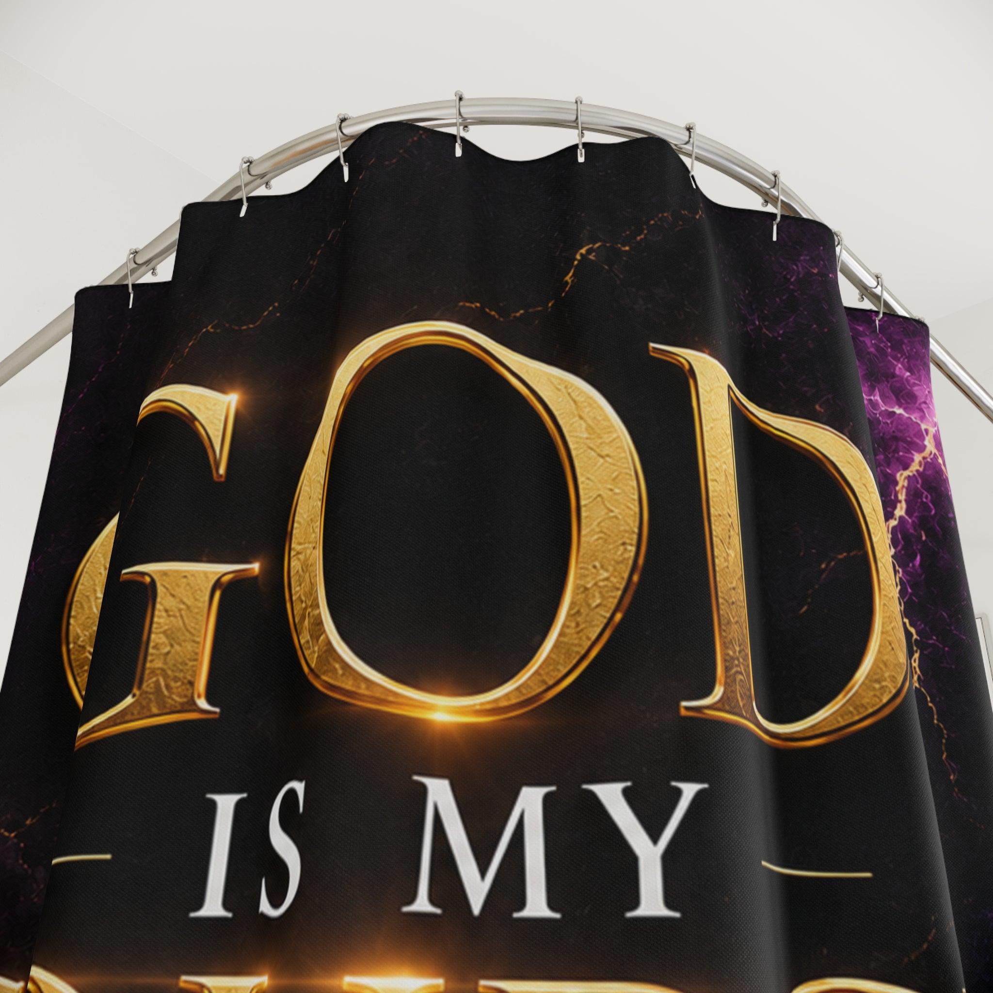 God Is My Source Shower Curtain | Inspirational Religious Quote, Lightning Design