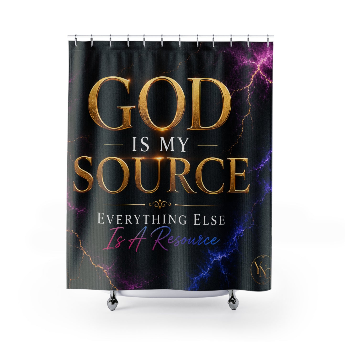 God Is My Source Shower Curtain | Inspirational Religious Quote, Lightning Design