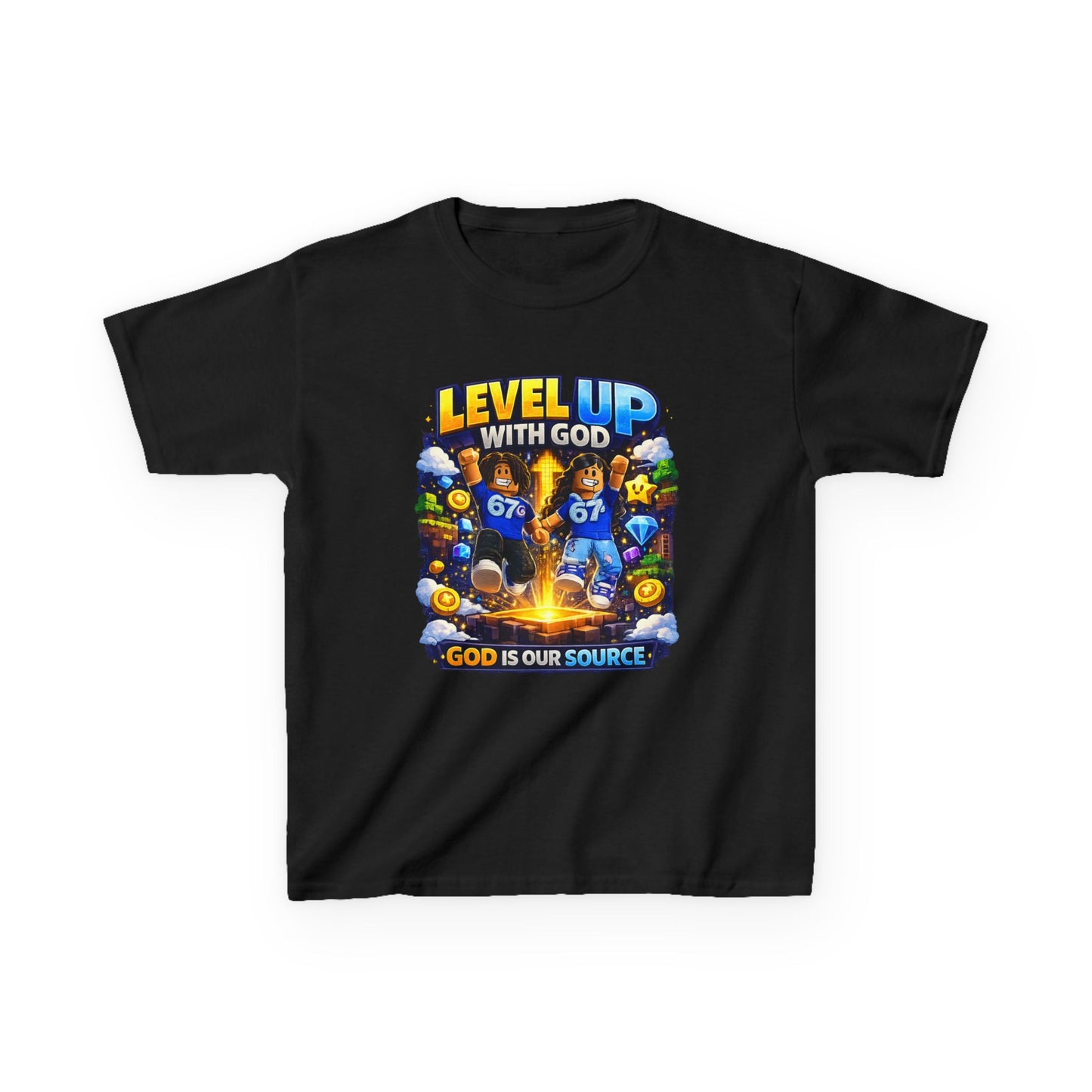 Level Up With God™ Kids Personalized Christian T-Shirt | Upload Your Own Avatar | Faith-Based Custom Tee