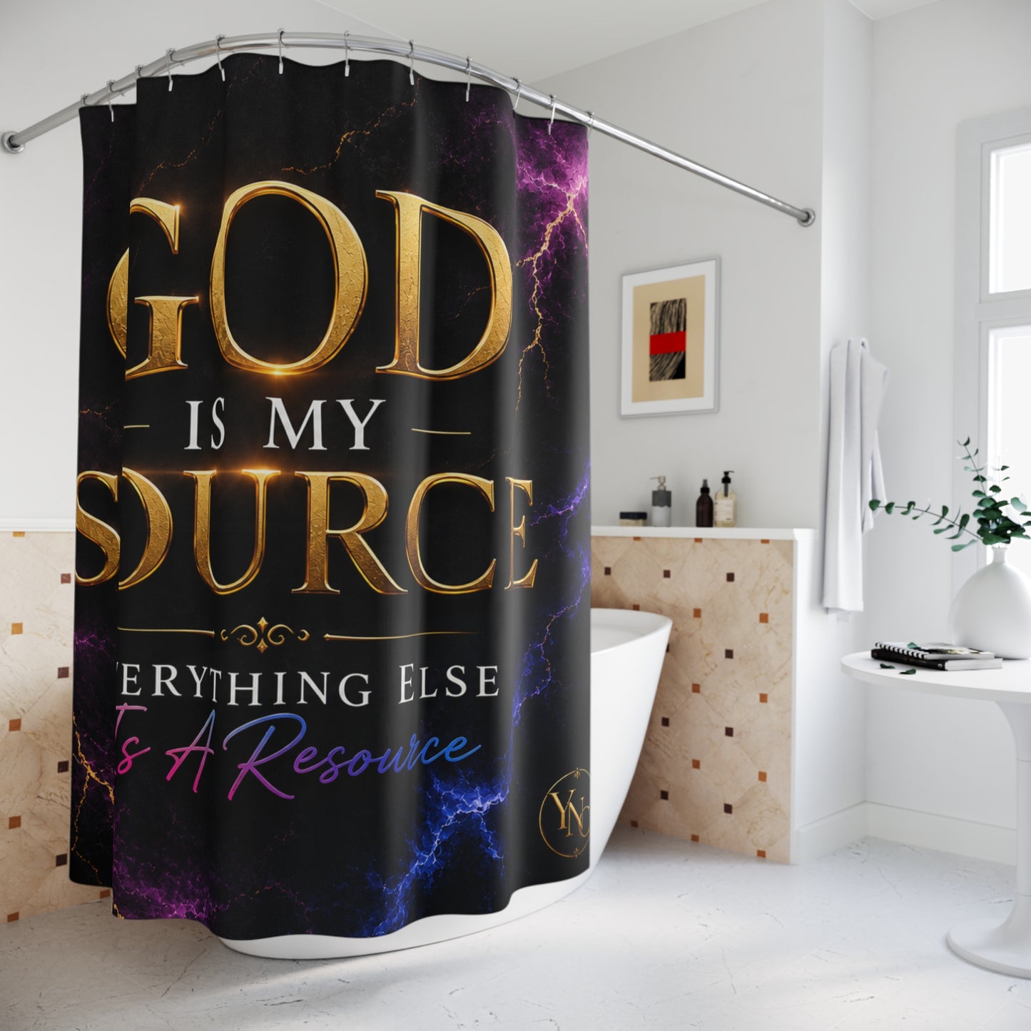 God Is My Source Shower Curtain | Inspirational Religious Quote, Lightning Design