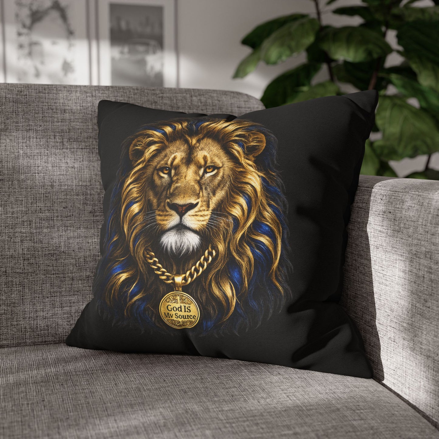 God Is My Source Lion Pillow Cover | Christian Decorative Throw Pillow Cover | Faith-Inspired Home Décor | Double-Sided Print