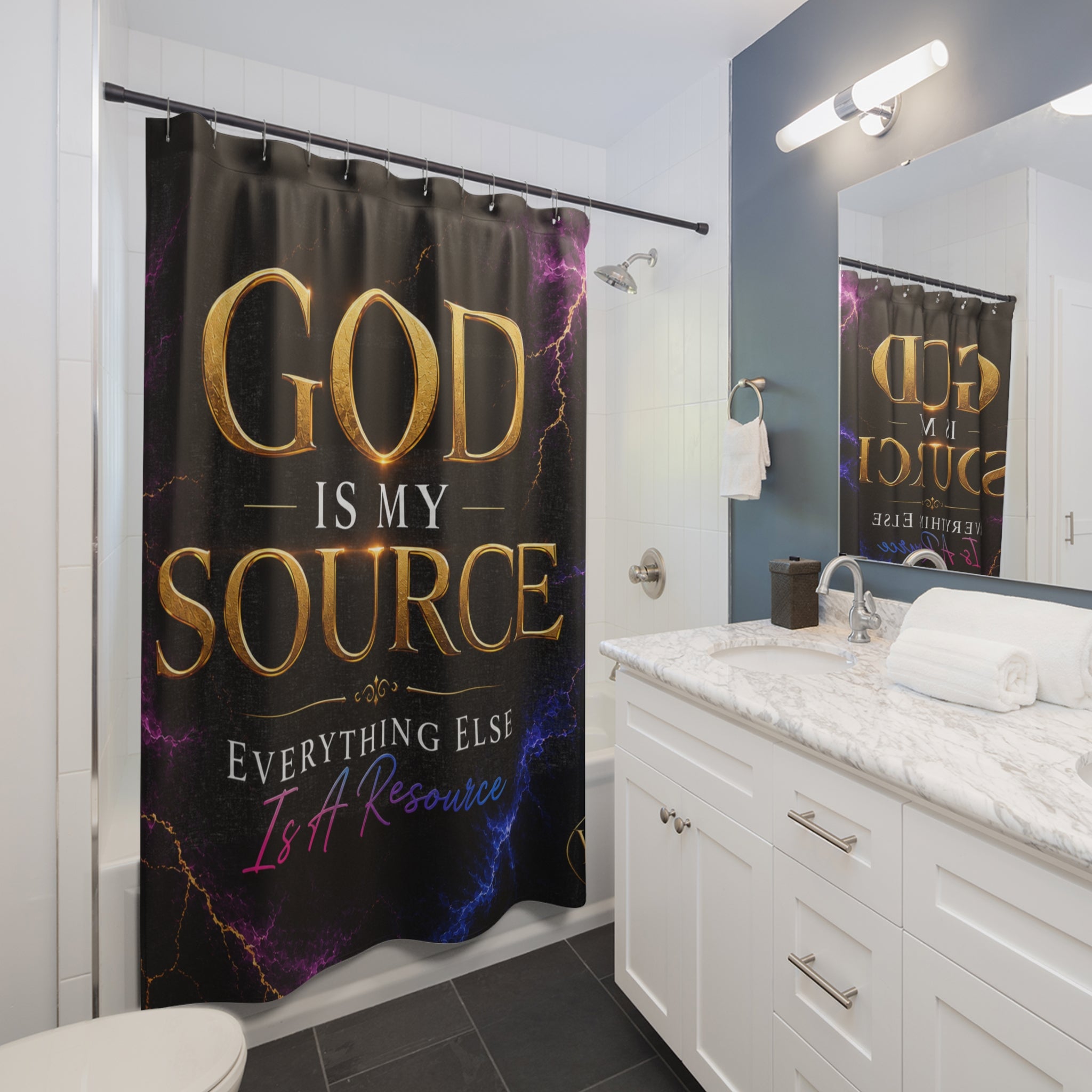 God Is My Source Shower Curtain | Inspirational Religious Quote, Lightning Design